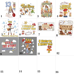 K&ouml;nnte beinhalten: Eine Sammlung von sechzehn Grafikdesigns mit verschiedenen Illustrationen von Charakteren, Cowboystiefeln, H&uuml;ten, Gitarren und Alphabetbl&ouml;cken mit Texten wie Tay Story, I Knew It, I Knew You und Cowboy Like Me, angeordnet in einem Raster.