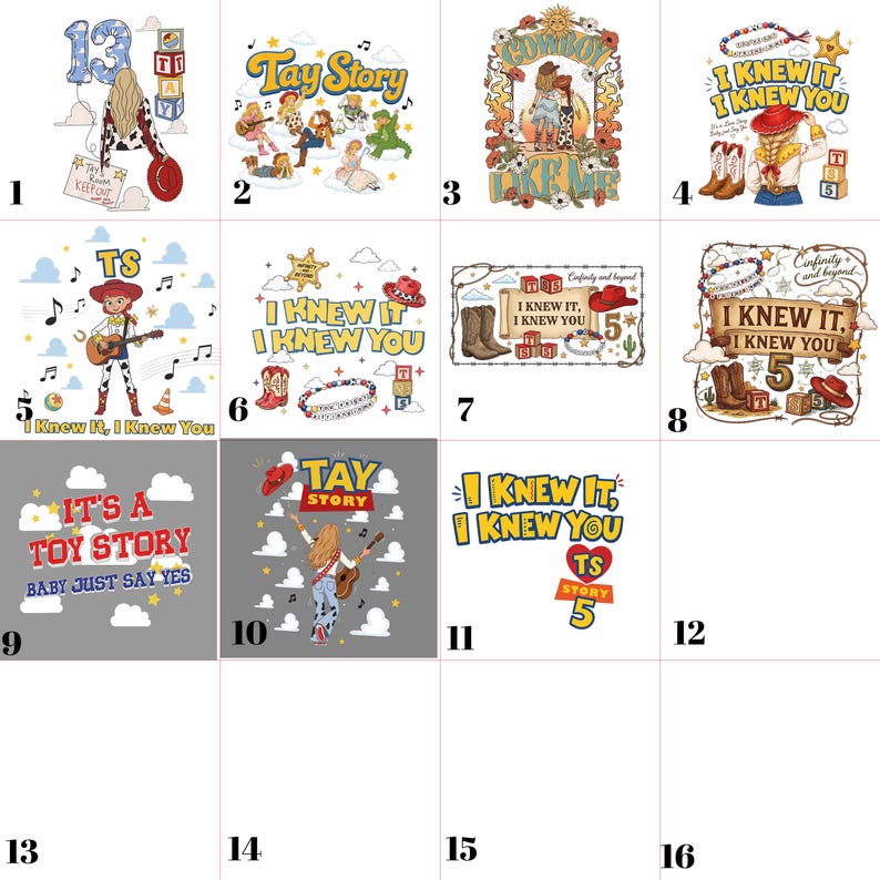 K&ouml;nnte beinhalten: Eine Sammlung von sechzehn Grafikdesigns mit verschiedenen Illustrationen von Charakteren, Cowboystiefeln, H&uuml;ten, Gitarren und Alphabetbl&ouml;cken mit Texten wie Tay Story, I Knew It, I Knew You und Cowboy Like Me, angeordnet in einem Raster.