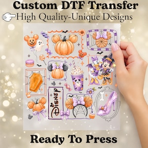 May include: A sheet of custom DTF transfers featuring Halloween-themed Disney graphics including pumpkins with mouse ears, a coffin, a purple drink, a high-heeled shoe, and characters in costumes. The text reads Custom DTF Transfer, High Quality-Unique Designs, Disney, and Ready To Press.