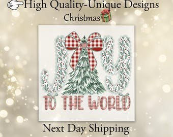 May include: A Christmas-themed DTF transfer design featuring the words "JOY TO THE WORLD" in a festive font. The design includes a Christmas tree, a plaid bow, and decorative elements. The text "Custom DTF Transfer" and "High Quality-Unique Designs" are also present.