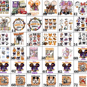 May include: A collection of Halloween-themed designs featuring Disney characters. The designs include Mickey Mouse, Minnie Mouse, Donald Duck, and Daisy Duck, with text such as "Trick or Treat" and "Halloween". The color palette includes orange, purple, and black.
