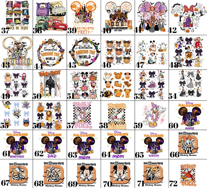 May include: A collection of Halloween-themed designs featuring Disney characters. The designs include Mickey Mouse, Minnie Mouse, Donald Duck, and Daisy Duck, with text such as "Trick or Treat" and "Halloween". The color palette includes orange, purple, and black.