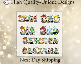 May include: A white DTF transfer sheet featuring the words "MOM DAD SIS BRO GRANDPA GRANDMA" in colorful, cartoon-style lettering. The design includes characters and elements from a popular animated film. The text "Custom DTF Transfer" and "High Quality-Unique Designs" are at the top.