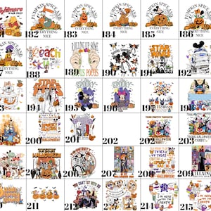 May include: Collection of Halloween-themed graphic t-shirts featuring various cartoon characters and phrases. Designs include pumpkins, ghosts, and popular characters. The shirts are white with colorful illustrations and text.
