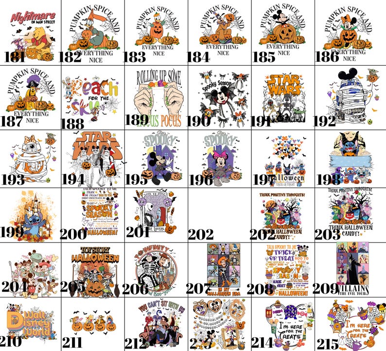 May include: Collection of Halloween-themed graphic t-shirts featuring various cartoon characters and phrases. Designs include pumpkins, ghosts, and popular characters. The shirts are white with colorful illustrations and text.