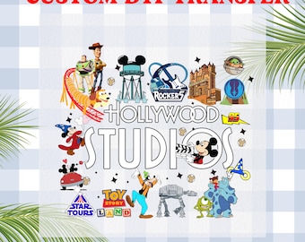Peut inclure: Un motif de transfert numérique coloré mettant en scène divers personnages et attractions Disney des studios d'Hollywood. Le motif comprend Mickey Mouse, Dingo, Woody, Buzz l'Éclair et bien d'autres. Le texte "Hollywood Studios" est affiché en évidence au centre du motif. Le motif est prêt à être pressé.