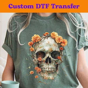 Watercolor Skull and Floral DTF Transfer, Halloween Ready to Press, Gothic Romantic Design Dtf