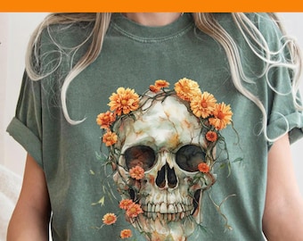 Watercolor Skull and Floral DTF Transfer, Halloween Ready to Press, Gothic Romantic Design Dtf