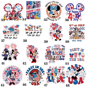 May include: Collection of Fourth of July themed designs featuring cartoon characters. Designs include Minnie Mouse, Mickey Mouse, and other characters with patriotic elements like fireworks, flags, and the text "Happy 4th of July".
