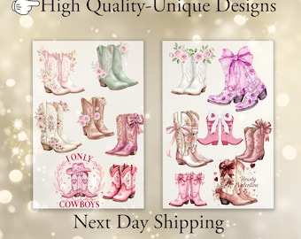 Cowboy Boots DTF Transfer Ready to Press,Floral Western Boot Apply for Heat Press, Ecru Beige Rustic Cowboy Boots DTF,Vintage Boots With Bow