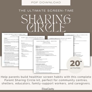 Może przedstawiać: Cyfrowe pobranie zatytułowane "Sharing Circle" z tekstem "The Ultimate Screen-Time". Obraz zawiera kilka białych stron z tekstem i okrąg z tekstem "20+ Activities". Tło jest stonowane brązowe.