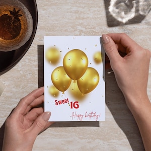 Tarjeta de cumpleaños número 16 imprimible, tarjeta de aniversario número 16, dulces dieciséis, imprimir en casa, globos, tarjeta de cumpleaños imprimible, oro BCB7A.