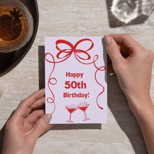 Tarjeta de 50 cumpleaños imprimible / Tarjeta de 50 aniversario DESCARGA DIGITAL / lazo rojo / tarjeta de cumpleaños imprimible