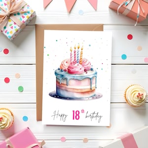 Printable 18th Birthday Card, cake, candles, 18th Anniversary card, print at home, printable birthday card. BCB15B