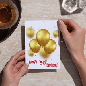 Carte imprimable 50e anniversaire, carte 50e anniversaire, impression à la maison, ballons, carte d'anniversaire imprimable, or BCB7J.