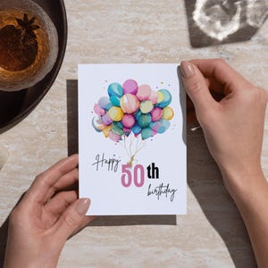 Tarjeta de 50 cumpleaños imprimible, tarjeta de 50 aniversario, para imprimir en casa, globos de colores, tarjeta de cumpleaños imprimible, BCB9