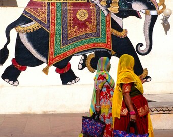 Women with Royal Elephant, Udaipur, India – Museum-Grade Metal Print