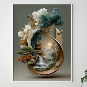 May include: A framed art print featuring a serene Japanese landscape scene. The artwork depicts a waterfall, pagoda, and stylized clouds within a golden crescent. The color palette includes shades of gold, green, brown, and blue.