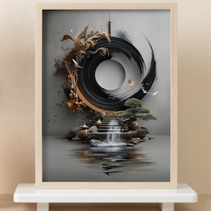 May include: Framed art print featuring a zen garden design. The artwork showcases a black and gold circular element with a waterfall, steps, and a small bonsai tree. The print is displayed on a white shelf with a beige background.