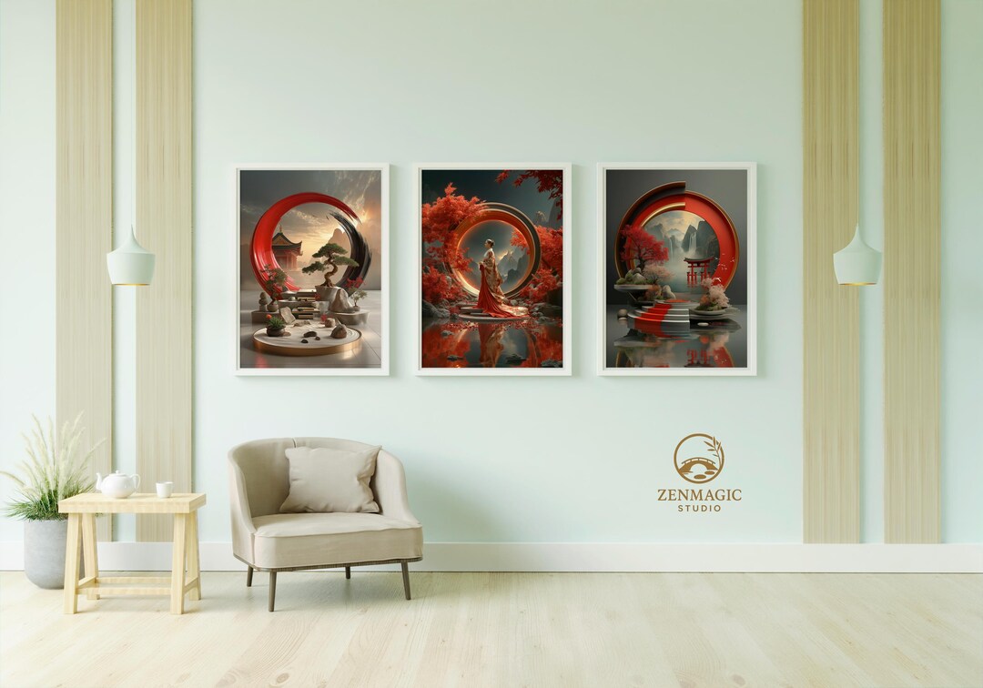 Zen Wall Art Set | Japanese Enso Circle Prints | Red & Gold Minimalist ...