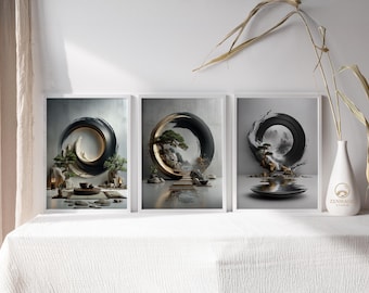 Zestaw do pobrania cyfrowego: Enso Zen Circle Wall Art Trio