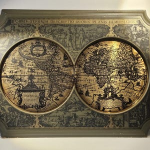Vintage Doppel Halbkugel Weltkarte Wandplatte vergoldet Adam & Eva 1950er-70er Jahre