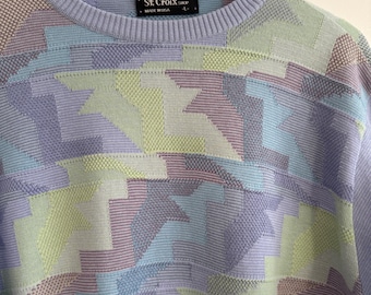 Vintage St Croix Sweater Men's Large  Knit Crewneck Abstract USA Made Geometric Colorful