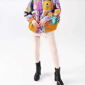 Colorful Patchwork Knit Cardigan - Handmade Look Floral Sweater - Boho Vintage Aesthetic Jacket - Chunky Cozy Knitwear for Women