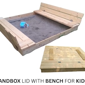 May include: A wooden sandbox with a hinged lid that doubles as a bench. The lid is open, revealing the sand inside. The sandbox is made of natural wood and has a simple design.