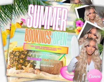 Folleto de reserva de belleza de verano: Plantilla editable de Canva (descarga digital)