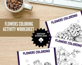 Flowers Coloring Activity Worksheet | Printable Floral Coloring Pages for Kids & Adults | Fun Creative Workbook