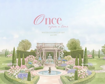 May include: Watercolor clip art of a formal garden with a fountain, gazebo, and flower beds. The image has the text "Once upon a time" in pink script. The artwork is labeled "Water Color Clip Art 300 DPI" and "By Lazra Studio."