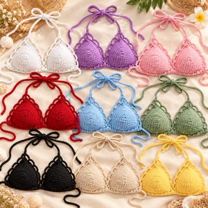 May include: A collection of nine crochet bikini tops in various solid colors including white, purple, pink, red, light blue, sage green, black, beige, and yellow. Each top features a triangle cup design with scalloped edges and ties.