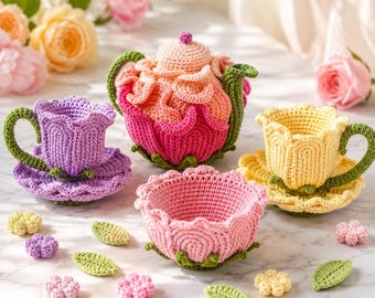 Modèle PDF de service à thé au crochet, théière amigurumi avec tasses et soucoupes, service à thé fleuri, décoration de cuisine printanière