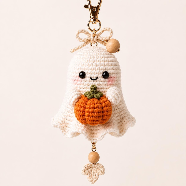 Peut inclure: Un porte-cl&eacute;s fant&ocirc;me en crochet couleur cr&egrave;me tenant une petite citrouille orange dans ses bras. Le fant&ocirc;me a des yeux en perles noires, un sourire brod&eacute; et des joues roses. Il est surmont&eacute; d'un n&oelig;ud en crochet et d'une perle en bois.