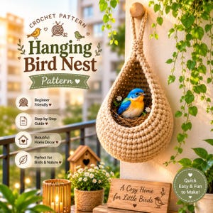 May include: A beige crochet hanging bird nest with a teardrop shape, featuring a small blue and orange bird inside. The text reads Crochet Pattern Hanging Bird Nest, Beginner Friendly, Step-by-Step Guide, Beautiful Home Decor, and A Cozy Home for Little Birds.
