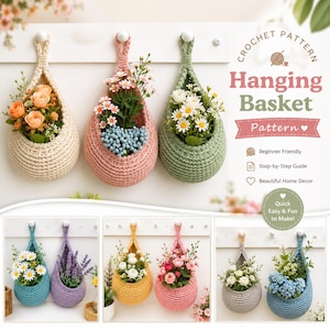 Può includere: Uno schema all'uncinetto per cestino sospeso con il testo "CROCHET PATTERN Hanging Basket Pattern". L'immagine mostra diversi cestini sospesi testurizzati a forma di goccia in color crema, rosa, verde, blu, viola e giallo, riempiti con vari fiori artificiali.