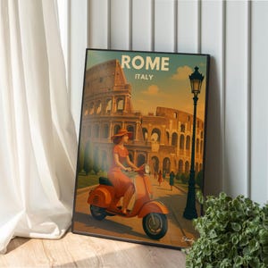 Poster di viaggio di Roma – Download digitale e stampa regalo – Arte murale vintage italiana con scena di Vespa e Colosseo – Decorazione retrò per casa o ufficio
