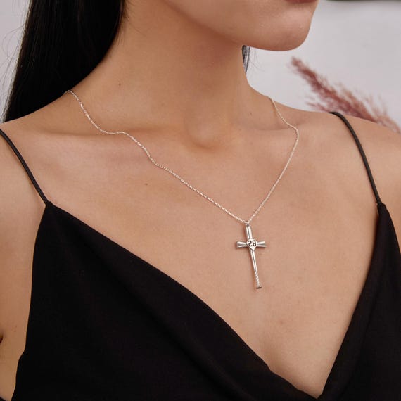 Baseball Gift, Baseball Bat Cross Necklace With Number, Necklace