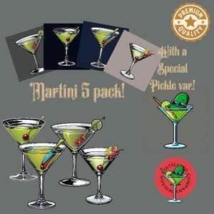 Verre à martini 5 cliparts PNG - graphiques de cocktail colorés + art de cornichons en prime