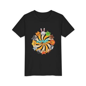 Camiseta juvenil del Escuadrón Garabato / Cabezas de animales de dibujos animados retro en círculo / Fondo naranja crema con remolinos / Camiseta divertida para niños / Estilo vintage