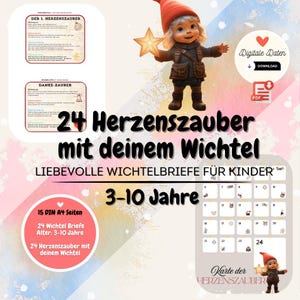 Peut inclure: Téléchargement numérique avec un elfe de dessin animé tenant une étoile, avec du texte en allemand : "24 Herzenszauber mit deinem Wichtel" (24 Magie du cœur avec votre elfe). Inclut une icône de téléchargement PDF et le texte "3-10 Jahre".