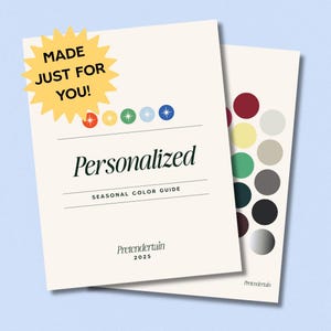 Puede incluir: Dos folletos color crema. El folleto frontal dice "Personalized Seasonal Color Guide" y tiene una explosión amarilla que dice "Made Just For You!". El folleto derecho muestra una paleta de colores.