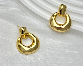 Chunky Gold Plated Sculptural Hoop Earrings, Modern Statement Jewelry