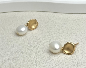 Gold Irregular Pearl Drop Earrings: Modern Artistic Stud Earrings, Elegant Minimalist Jewellery