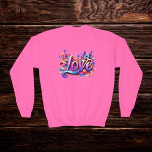 Colorful Love Youth Crewneck Sweatshirt, Cute Sweatshirt for Kids, Trendy Gift, Valentine&#39;s Day, Birthday, Casual Wear, Gift for Girl