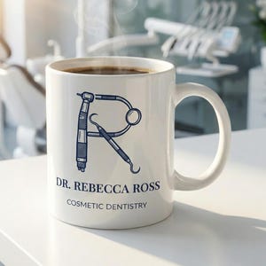 Puede incluir: Taza de cerámica blanca llena de café, con un diseño azul con temática dental en forma de la letra "R". La taza incluye el texto "DR. REBECCA ROSS COSMETIC DENTISTRY". El vapor se eleva del café, lo que sugiere que está caliente.