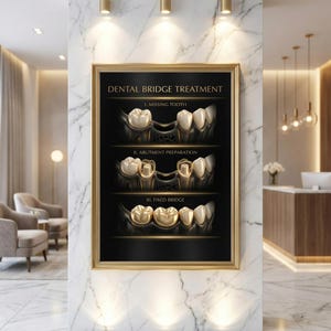 May include: A framed poster with the text "DENTAL BRIDGE TREATMENT" and illustrations of dental bridge procedures. The poster shows the stages of missing tooth, abutment preparation, and fixed bridge, with gold-colored dental work.