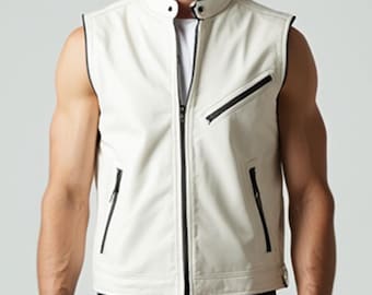 Mens White Leather Biker Vest, Genuine Leather White Vest For Men, Handmade Leather Vest, Gift for Him, Mens Real Cow Leather Vest