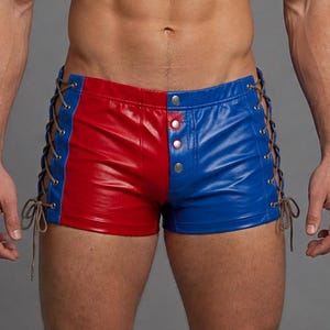 Genuine Leather Boxer Shorts -  Red Blue Leather Shorts - Lace Up Button Front - Party Boxers - Rave Party Boxers - Hot Boxers for Him